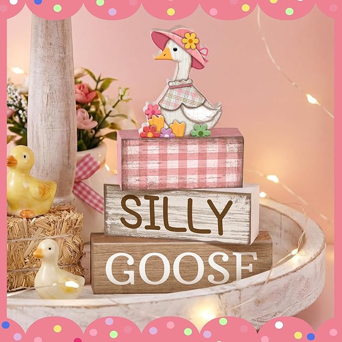 4 Pcs One Silly Goose Birthday Party Decoration Wood Silly Goose Table Sign Pink Baby Shower Tiered Tray Decor Tabletop Centerpieces for First Birthday Baby Shower Home Shelf Office