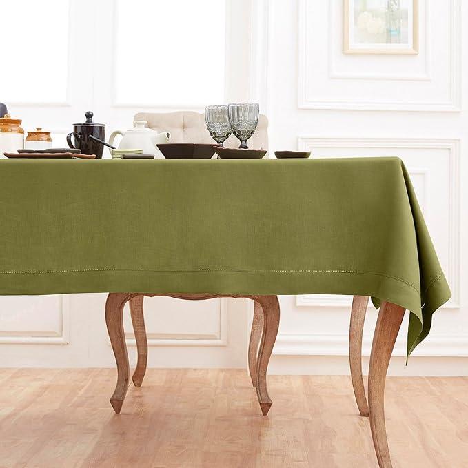 Solino Home Linen Avocado Green Tablecloth 60 x 108 Inch - Classic Hemstitch, 100% Pure Linen Rectangular Tablecloth - Machine Washable Table Cloth for Winter, Spring, Easter, St Patricks Day