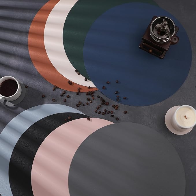 Myir JUN Round Placemats Set of 4 Faux Leather Place Mats and Coasters 15 inch Round Table Mats Dual Sided Non-Slip Stain Resistant Placemats (Black & Orange, Set of 4)