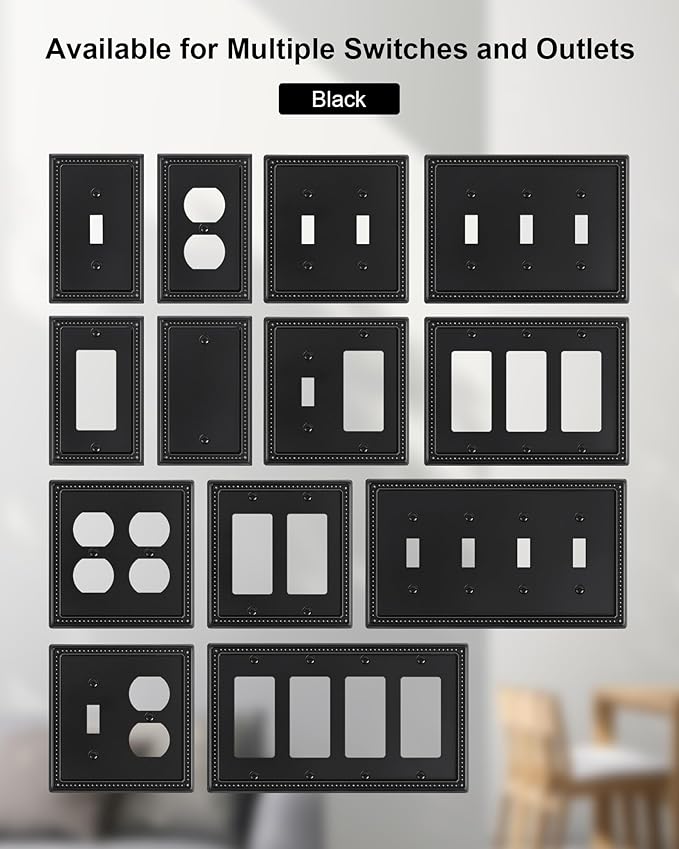 2-Pack Double Toggle Light Switch Cover Plate, Black Pearls Decorative Dual Switch Plate Covers, 2 Gang Metal Wall Plate, Corrosion Resistant