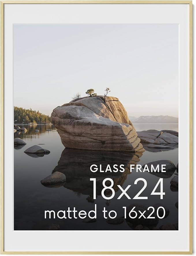 HAUS AND HUES 18x24 Picture Frame with Real Glass & Gold Premium-Grade Metal Matted to 16x20 - Aluminum 18x24 Frame - Includes Hanging Kit - Ideal for Home, Office (18x24 in, Gold)