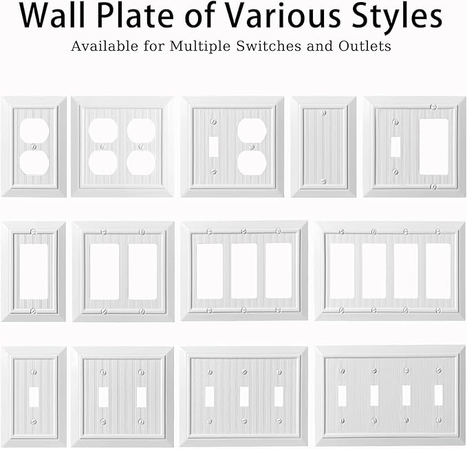 Beadboard Outlet Covers Wall Plates, Bamboo Fiber Light Switch Covers, Natural Material Electric Receptacle Decorative Switch Plate Outlet Cover (Pure White, 4 Gang Decorator 1 Pack)