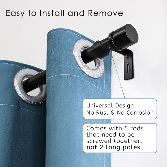 Curtain Rods for Windows 16 to 88 Inches Adjustable Length 1 Inch Diameter Window Curtain Rod with Aluminium Finials, Black