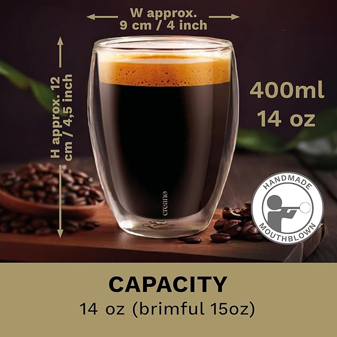Creano Premium Double-Walled Drinking Glasses 12.5oz / 400 ml - Set of 6 - Professional Quality - 100% Dishwasher Safe