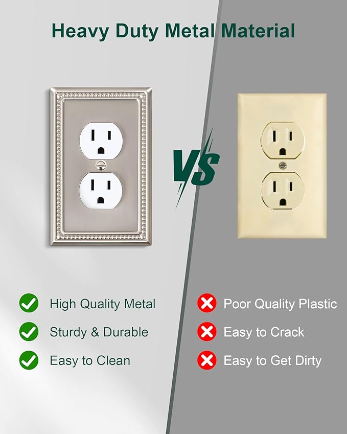 4-Pack Duplex Outlet Cover Plate, Metal Wall Plates for Electrical Outlets, Brushed Nickel 1 Gang Receptacle Cover, Pearls Decorative Switch Plates and Outlet Covers