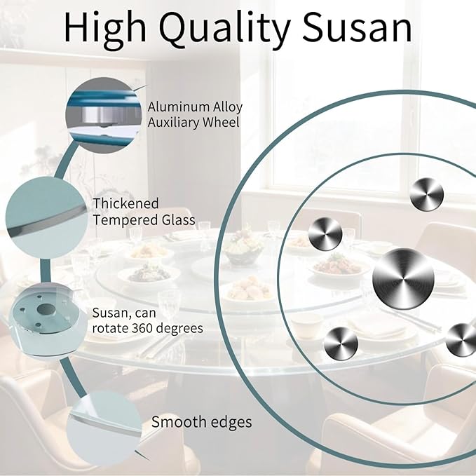34" Glass Lazy Susan for Dining Table, Glass Turntable Table Centerpiece with 6 Rotating Wheels, 360° Smooth and Silent Spin Tabletop Rotating Tray, for Family Gatherings, Banquets, Weddings, 86 cm