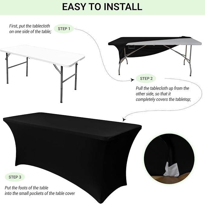 Obstal 6 Pack Stretch Spandex Table Covers for 6 Foot Tables - 6 FT Universal Rectangular Fitted Tablecloth Protector for Wedding, Banquet, Party (Black, 72 Length x 30 Width x 30 Height Inches)