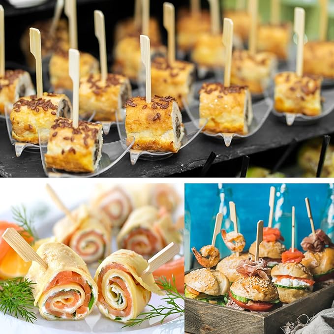 200 PCS Bamboo Skewers for Appetizers, 3.5 Inch Toothpicks, Cocktail Picks for Drinks, Fruit Kababs, Sausage, Barbecue Snacks, Natural Wooden Paddle Skewer Mini Food Sticks, Charcuterie Accessories