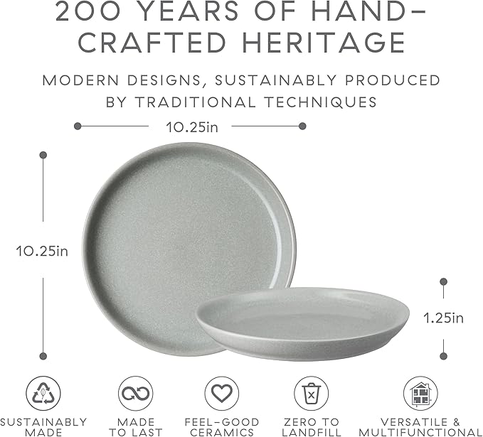Denby - Elements Light Gray Coupe Dinner Plates Set of 6 - Dishwasher Microwave Oven Safe - Scratch Chip Resistant - Large Ceramic Stoneware Dinnerware Plates Set