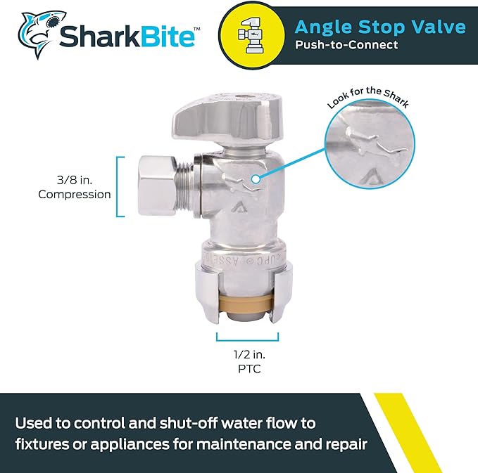 SharkBite 23036-0000LF Brass Push Angle Stop, 1/2 in. x 3/8 in. Compression, Chrome