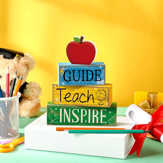 4 Pcs Back to School Table Decoration Apple Tiered Tray Decor End of School Year Teacher Appreciation Gift Decorative Apple Block Sign Centerpiece First Day Decor for Office Classroom
