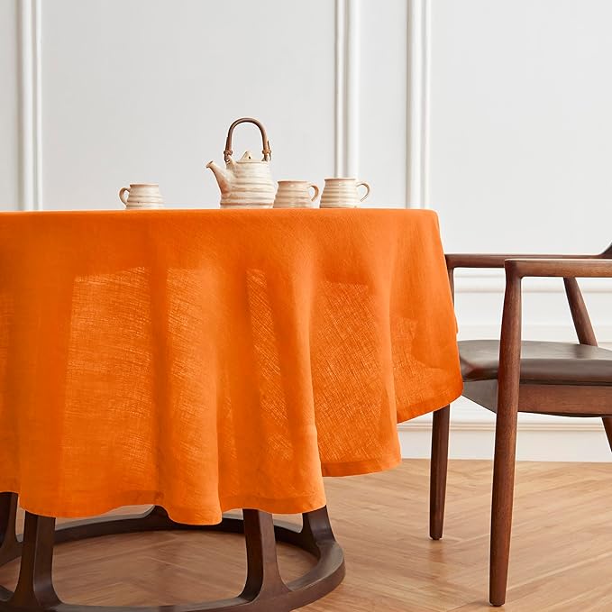 Solino Home Linen Round Tablecloth 70 Inch - 100% Pure Linen Pumpkin Round Tablecloth - Machine Washable Table Cloth - Sonoma
