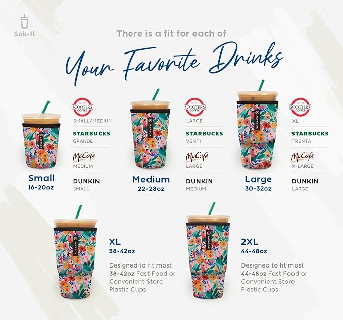 Sok It JavaSok Iced Coffee & Cold Soda Insulated Neoprene Cup Sleeve (Flower Power, Medium: 22-28oz)