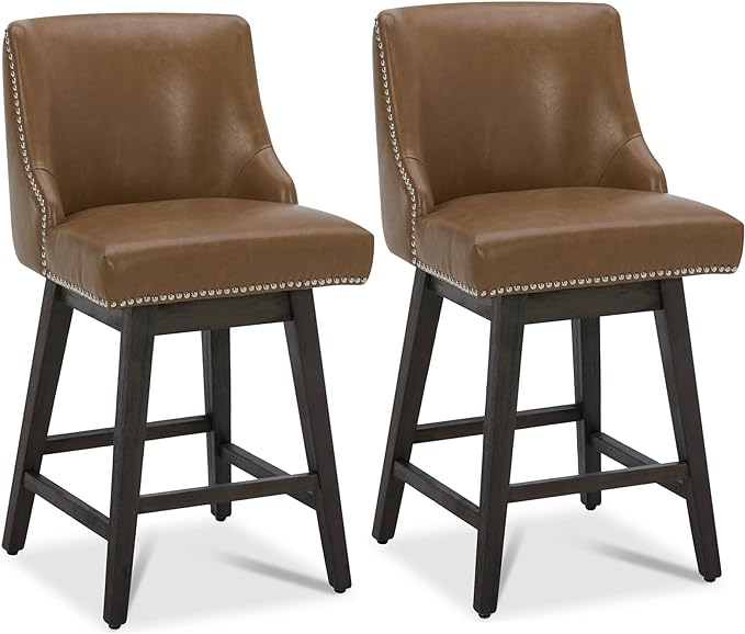 CHITA Counter Height Swivel Bar Stools Set of 2, FSC Certified Upholstered Counter Stools, Modern Swivel Barstools with Wood Legs for Kitchen Island, 26" Seat Height, Faux Leather in Saddle Brown