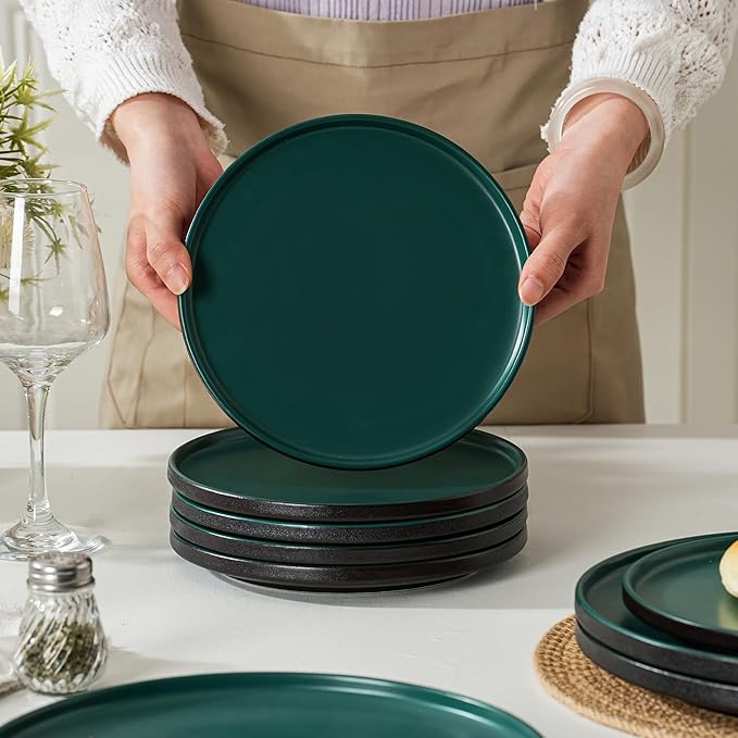 6 Piece Ceramic Dinnerware Set for 2, Modern Minimalist Stoneware Dinner Plates and Bowls, Microwave Safe, Dishwasher Safe, Versatile for All Seasons, Matte Green