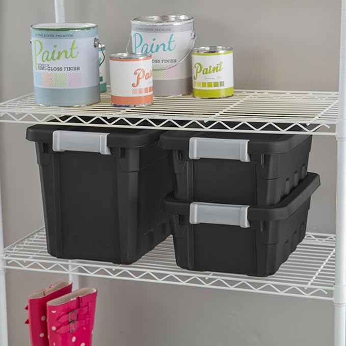 Sterilite 6-Pack Plastic Storage Bins with Lids, Stackable Containers, 4 Gallon, Black