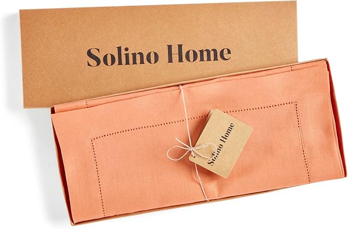 Solino Home Linen Tablecloth for Rectangle Tables 60 x 120 Inch - Classic Hemstitch 100% Pure Linen Coral Table Cloth - Machine Washable Cloth Tablecloth for Valentines, Spring, Easter
