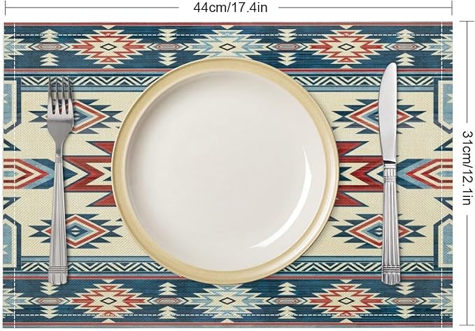Ethnic Aztec Placemat Set, Vintage Bohemian Rustic Farmhouse Blue Red Mystic Native Tribal Geometric Totem Pattern Home Decor Linen Table Mats for Dining Room Kitchen Party (17x12in) x6P