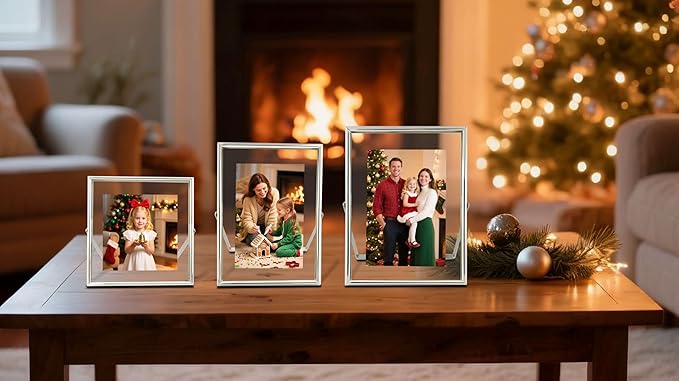 Silver Floating Picture Frames - Set of 3, for Photo Size 4×4, 4×6, 5×7, Vertical Tabletop Display, Double Glass Metal Frame for Wedding, Home or Office Desk Decoration (Silver)