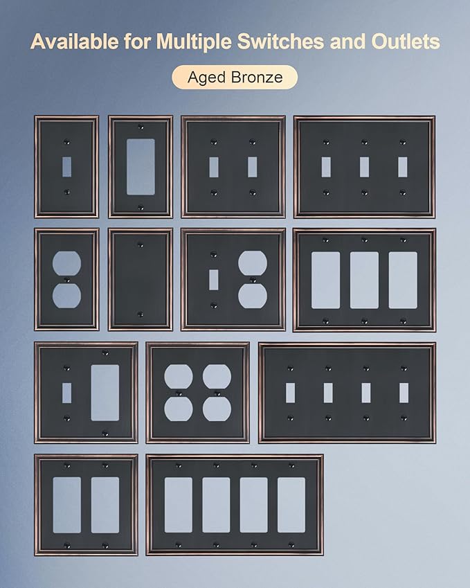 2-Pack Single Blank Wall Plates, Durable Solid Zinc Alloy Blank Outlet Covers, Decorative Aged Bronze Wall Plate Cover for Unused Outlets/Switches, Corrosion Resistant