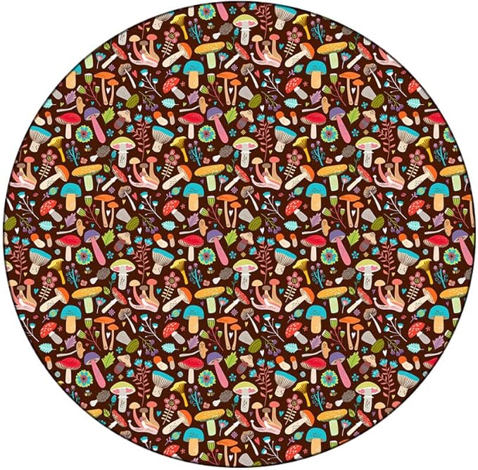 Round Vinyl Fitted Tablecloth, Mushrooms Print Polyester Table Cloth, Attractive Various Cartoon Leaves and Mushrooms Graphic, Holiday Party Home Kitchen Dining Table Decoration
