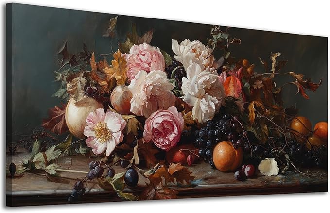 ADJUVANT Wall Art Vintage Floral And Fruit 60" L x 30" W, Peonies With Grapes And Citrus Canvas Painting Prints Graceful Botanic And Fruity Wall Decor for Living Room Bedroom Dining Room Home Office