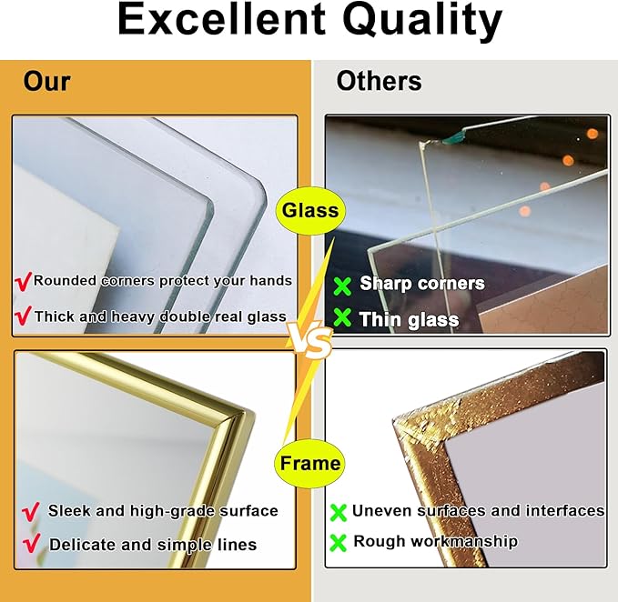 Gold Floating Picture Frames - Set of 3, for Photo Size 4×4, 4×6, 5×7, Vertical Tabletop Display, Double Glass Metal Frame for Wedding, Home or Office Desk Decoration (Gold)