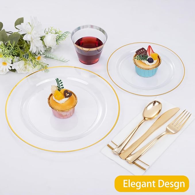 SUT 175 PCS Clear and Gold Plastic Plates, Plates Disposable Heavy Duty for 25 Guests, Disposable Plates for Party and Wedding, Party plates and Cups and Napkins Sets, Plastic plates Disposable