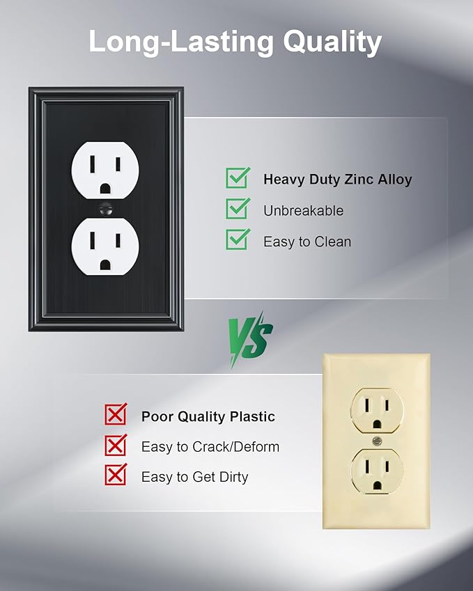 4-Pack Duplex Outlet Cover, Durable Solid Zinc Alloy Decorative Switch Plates and Outlet Covers, Black Wall Plates for Electrical Outlets, 1 Gang Receptacle Cover, Corrosion Resistant