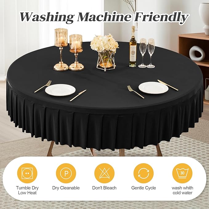 8 Pack Black Spandex Round Tablecloths for 60 Inch Tables, Stretchy Fitted 5FT Cloths, Wrinkle-Free Cover With Skirt for Wedding Party Dining Banquet