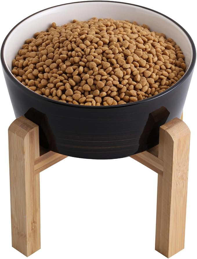 Black Elevated/Raised Dog Bowl Ceramic with Wood Stand for Medium Large Breed,Dog Food Water Dish Heavy Wighted,8 in Non Slip Modern Cute Porcelain Pet Bowl Extra Large Wide Mouth