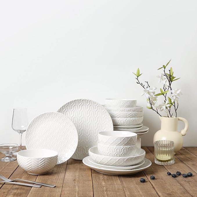 Sureasy Ceramic Dinnerware Set for 4-16 Pieces Embossed Plates and Bowls Sets, Scratch Resistant Dish Set, Microwave, Oven & Dishwasher Safe, White