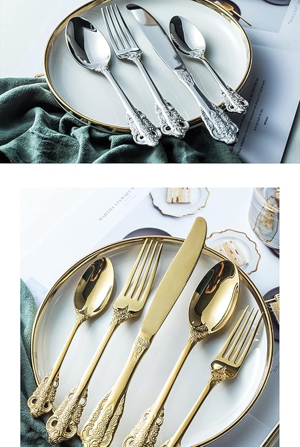 Silverware Set for 12 Premium 18/10 Stainless Steel Flatware Set Palace Style 60 Piece Cutlery Tableware Utensils Embossed Decorative Handle Knives Forks and Spoons for Home Christmas Wedding