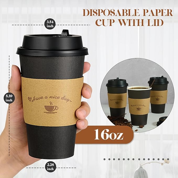 LITOPAK 100 Pack 16 oz Paper Coffee Cups with Lids, Black Disposable Coffee Cups with Lids, Sleeves and Stirring Sticks, for Parties, Picnic, Travel, and Events