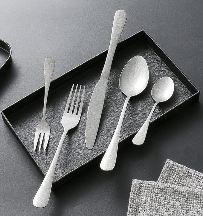 Matte Silverware Set for 16 Stainless Steel Flatware Set Vintage Style Delicate Cutlery Utensils 80 Piece Include Knives Forks and Spoons Tableware Set for Home Kitchen Wedding Restaurant