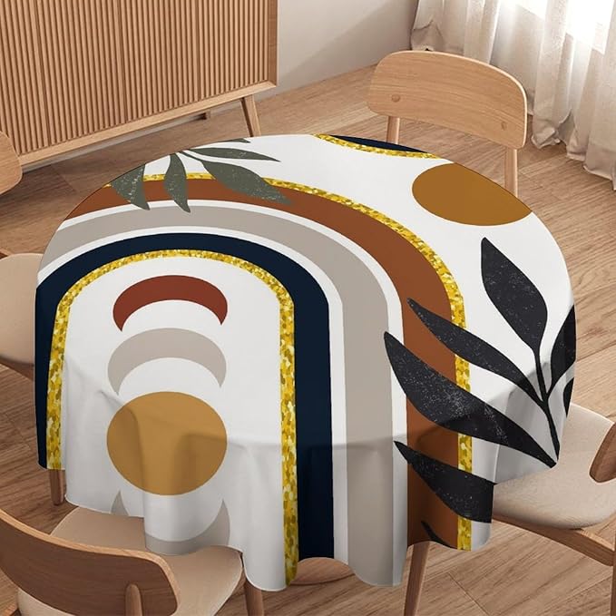 Mid Century Boho Round Tablecloth, Modern Abstract Sun Moon Bohemian Leaves Tablecloth for Home Party Dining Room Kitchen Decor 70Inch(178cm)