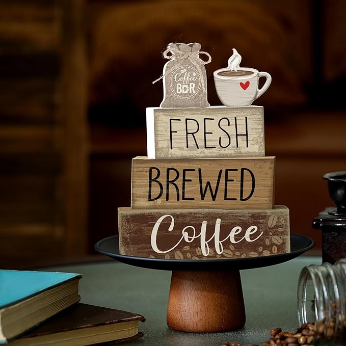 5 Pcs Wooden Coffee Bar Decor Cocoa Tiered Tray Decor Rustic Wood Bar Sign Gift Farmhouse Table Top Centerpiece Stacks Block Sign for Home Shelf Mantel Kitchen