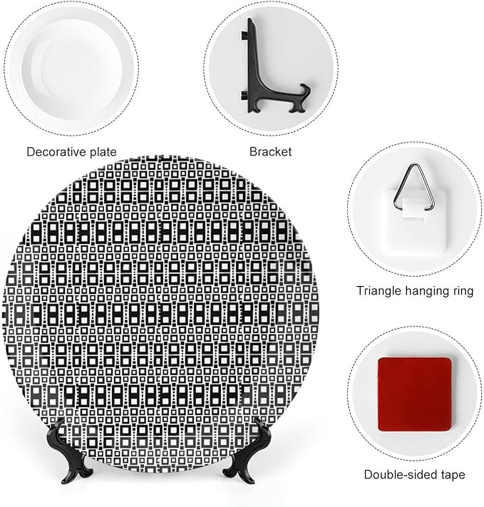 Ceramic Display Plate, Abstract Ceramic Hanging Decorative Plate, Monochrome Squares of Motif Grid Design Geometric, 10 Inch, Living Room Kitchen Decoration Household, Black White