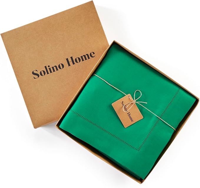 Solino Home Linen Tablecloth 60 x 108 Inch - Classic Hemstitch 100% Pure Linen Emerald Green Table Cloth for Rectangle Tables - Machine Washable Tablecloth for St Patricks Day