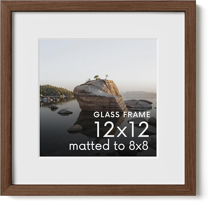 Haus and Hues 12x12 Picture Frame with Real Glass & Walnut American Oak Matted to 8x8 - Oak 12x12 Frame With Mat - Includes Vertical & Horizontal Hang - Ideal for Home, Room, Office (12x12 in, Walnut)