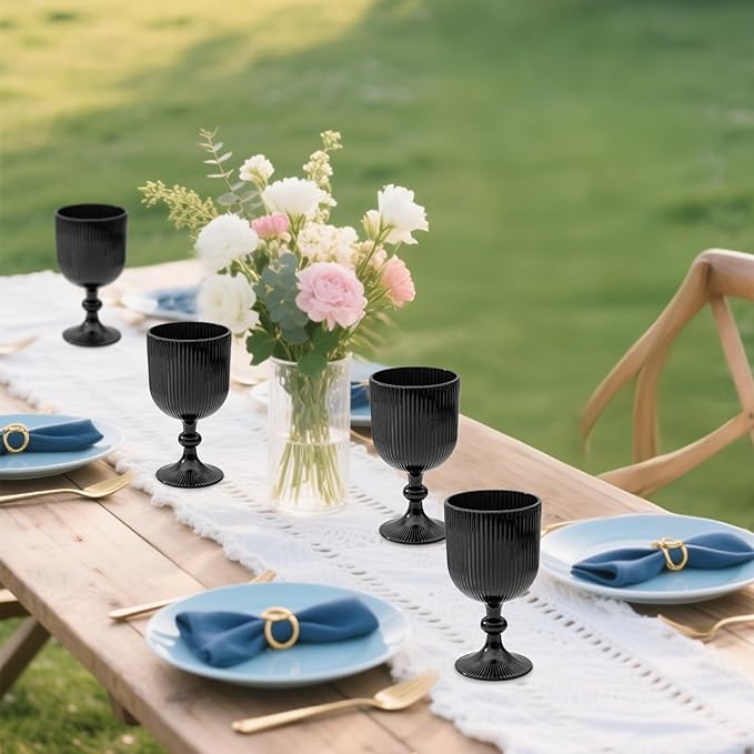 24 Pcs Black Vintage Wine Glasses, 11 Ounces Colored Glass Water Goblets, Unique Embossed Pattern High Clear Stemmed Glassware Wedding Party Bar Glass Drinking Cups Fancy Glasses Set Hand Wash Only