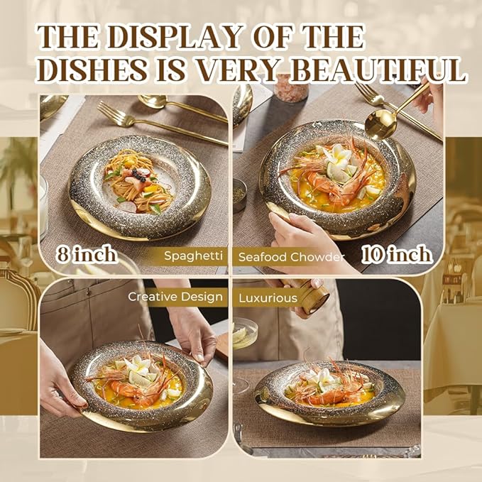 Ceramic Pasta Bowl Plates Set - Ballet Design with Gradient Gold Finish, Dinner Plates for Salad, Pasta & Sushi, Dishwasher Safe, Restaurant & Home Dinnerware