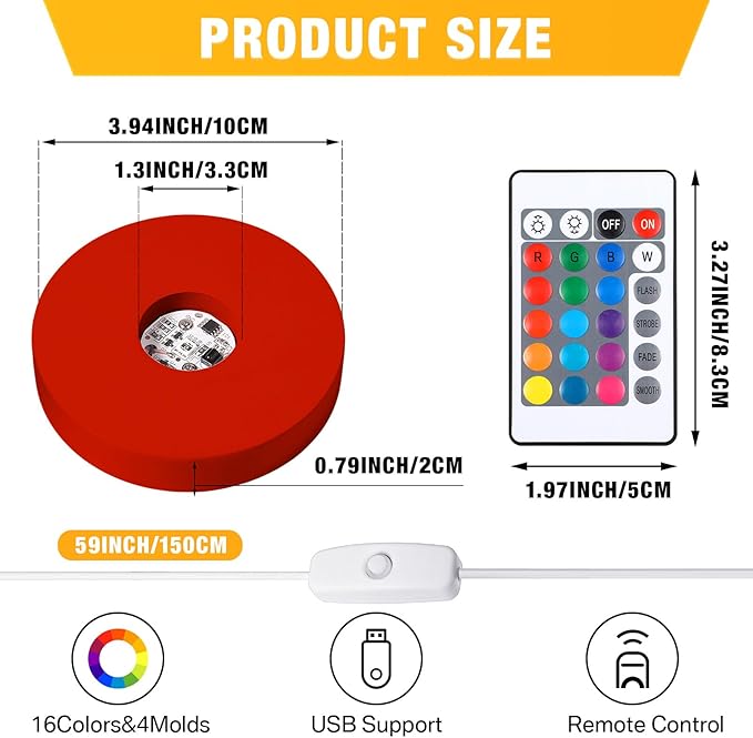 2 Pcs Light LED Base Wood LED Display Base for Glass Art Valentine Decor Crystal Acrylic Resin, 16 Colored USB Light with Remote Wooden Round Lamp Stand for 3D Crystal Ball Room Home Decor(Red)