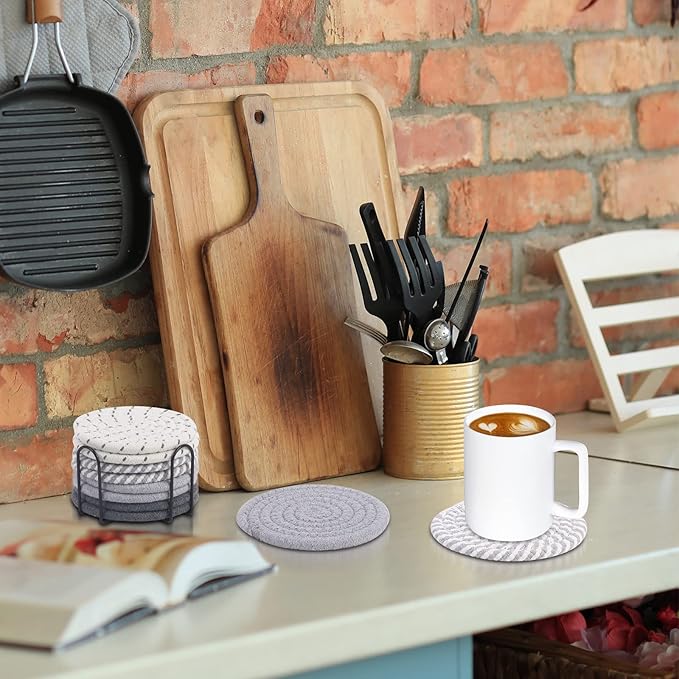 Mckanti 8 Pcs Drink Coasters with Holder, 4 Colors Absorbent Coasters, Minimalist Cotton Woven Coaster Set for Living Room Decor, Tabletop Protection Suitable for Kinds of Cups, 4.3 Inches