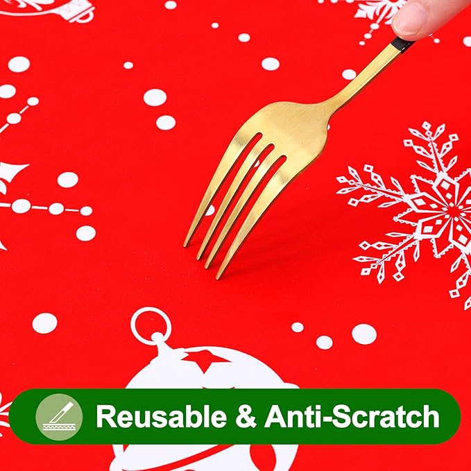 Smiry Christmas Rectangle Table Cloth, Waterproof Vinyl Tablecloth with Flannel Backing, Wipeable Bell & Snowflake Plastic Tablecloths for Christmas Table Decorations, (60"x102", White & Red)