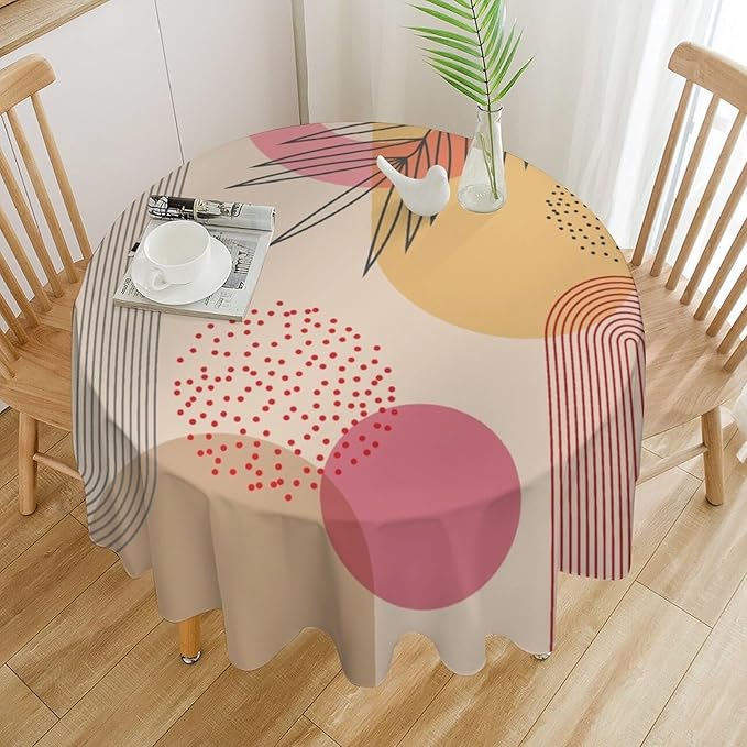 Mid Century Boho Round Tablecloth, Abstract Modern Sun Arch Curve Leaves Geometric Print Tablecloth for Home Party Dining Room Kitchen Decor 50Inch(127cm)