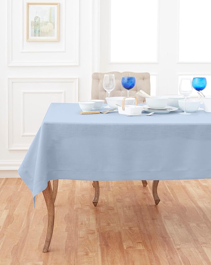 Solino Home Linen Tablecloth 60 x 90 Inch - Classic Hemstitch 100% Pure Linen Sky Blue Table Cloth for Rectangle Tables - Machine Washable Tablecloth for Spring, Easter