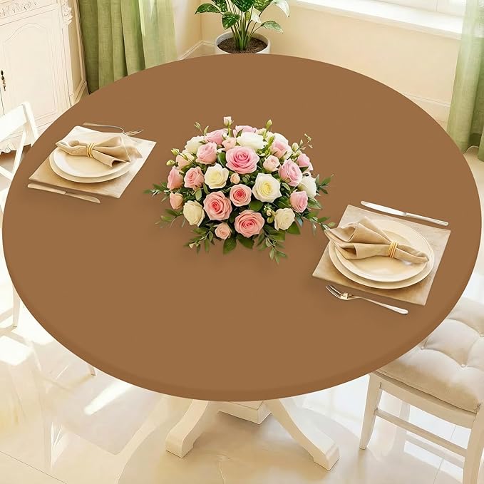 Round Spandex Tablecloth, Elastic Fitted Waterproof Tablecloths for 18"-24" Tables, Stretch Washable Picnic Table Cover for Camping, Dining, Indoor and Outdoor,Brown