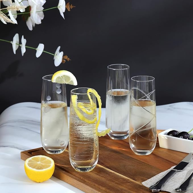 Set of 4 Crystal Stemless Wine Glasses with Etched Dots and Stripes Pattern, 17.5oz Elegant Glassware for Red Wine, Perfect for Weddings, Anniversaries, and Parties (Clear)