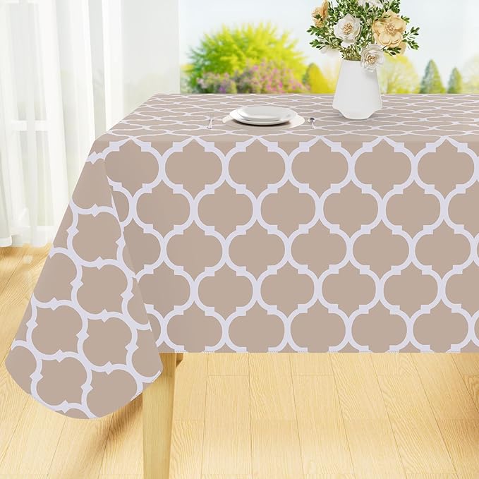 Smiry Rectangle Table Cloth, Wipeable Spillproof Plastic Tablecloths for Dining, Waterproof Vinyl Tablecloth with Flannel Backing for Rectangle Tables, Camping, Outdoor and Indoor (70"x90", Khaki)